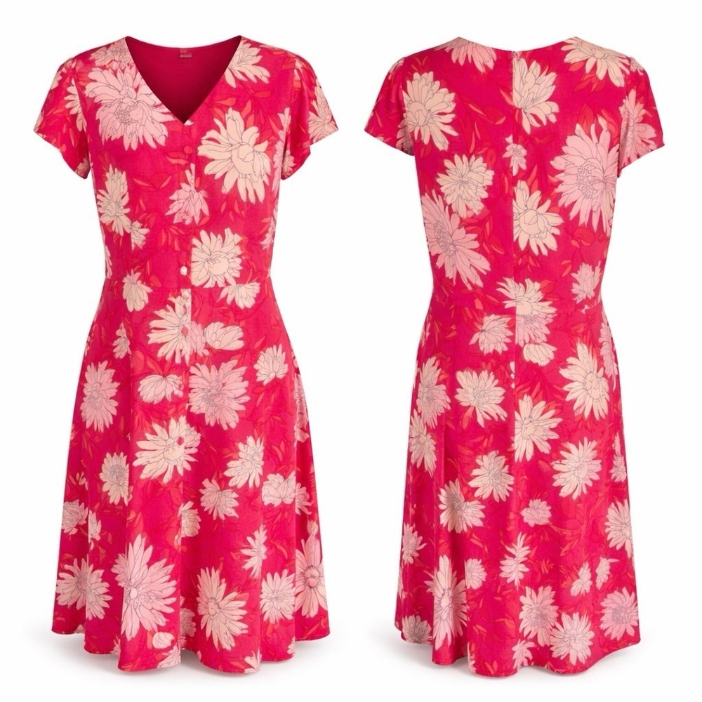 Talbots Midi Dress Red Floral Sz 10 Button Down V Neck Fairy Modest Office